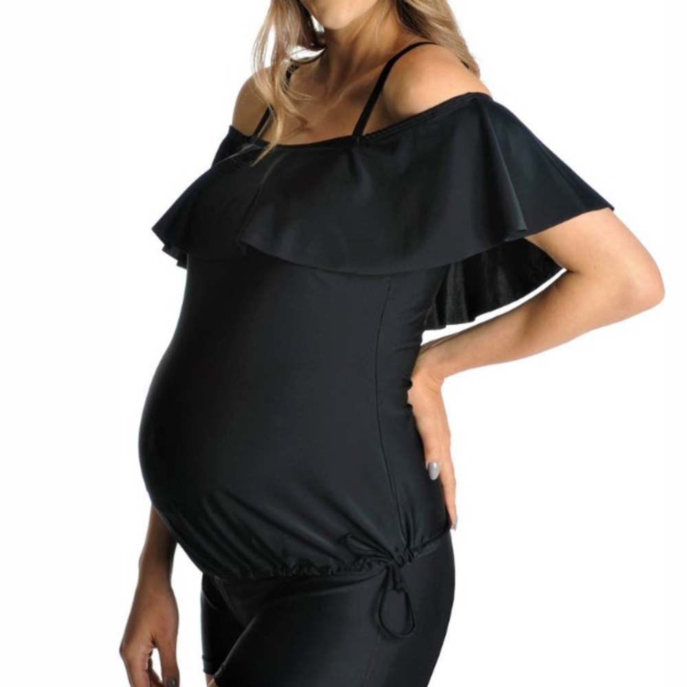 Mermaid Maternity Black Ruffle Cold Shoulder Drawstring Hem Tankini Swimsuit Top
